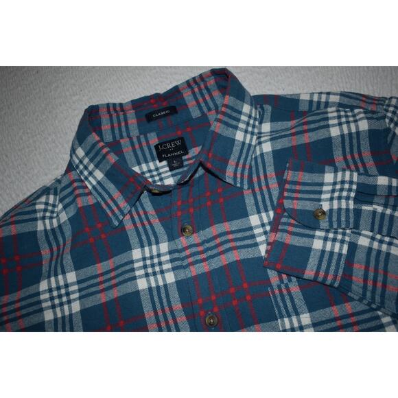 J Crew Flannel Dress Shirt Button Up Mens Size Large Blue Red Plaid - Picture 1 of 6
